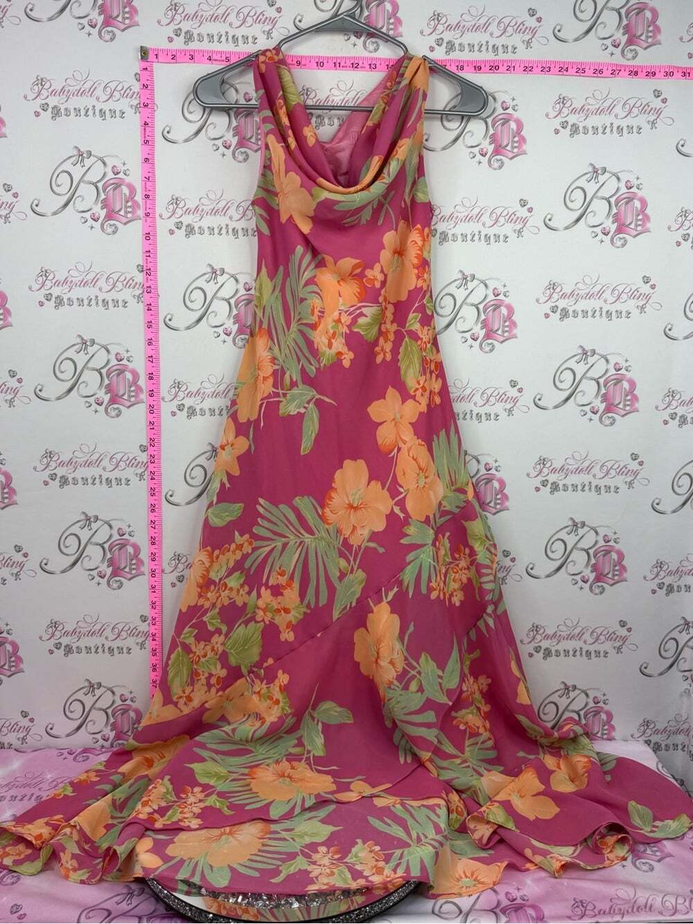 Dress Y2K long maxi flower Floral Cowl Neck Maxi Dress - Pink with Orange Floral - Picture 1 of 10